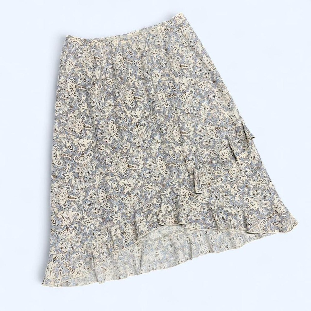 Vintage Tailor B Moss Midi Skirt Tan Blue Paisley Ruffle Boho Cottagecore